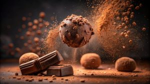 Truffe au chocolat en lévitation au milieu d'une explosion de poudre de chocolat cacao et de pépites