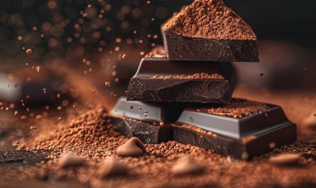 Gros plan sur des morceaux de chocolat noir intense empilés et saupoudrés d'une fine poudre de chocolat cacao