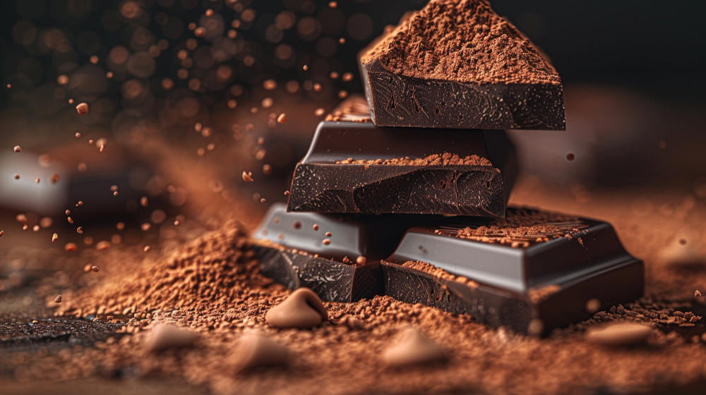 Gros plan sur des morceaux de chocolat noir intense empilés et saupoudrés d'une fine poudre de chocolat cacao
